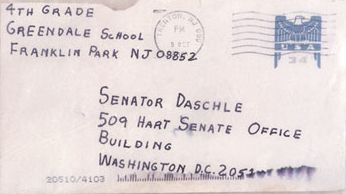 Terrorist letter with anthrax addressed to Democrat Senator w:en:Tom Daschle during the w:en:2001 anthrax attacks