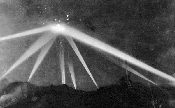 Searchlights converging during the Battle of Los Angeles, 1942