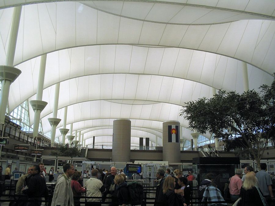 The canvas roof of Denver International Airport, seen from the security line