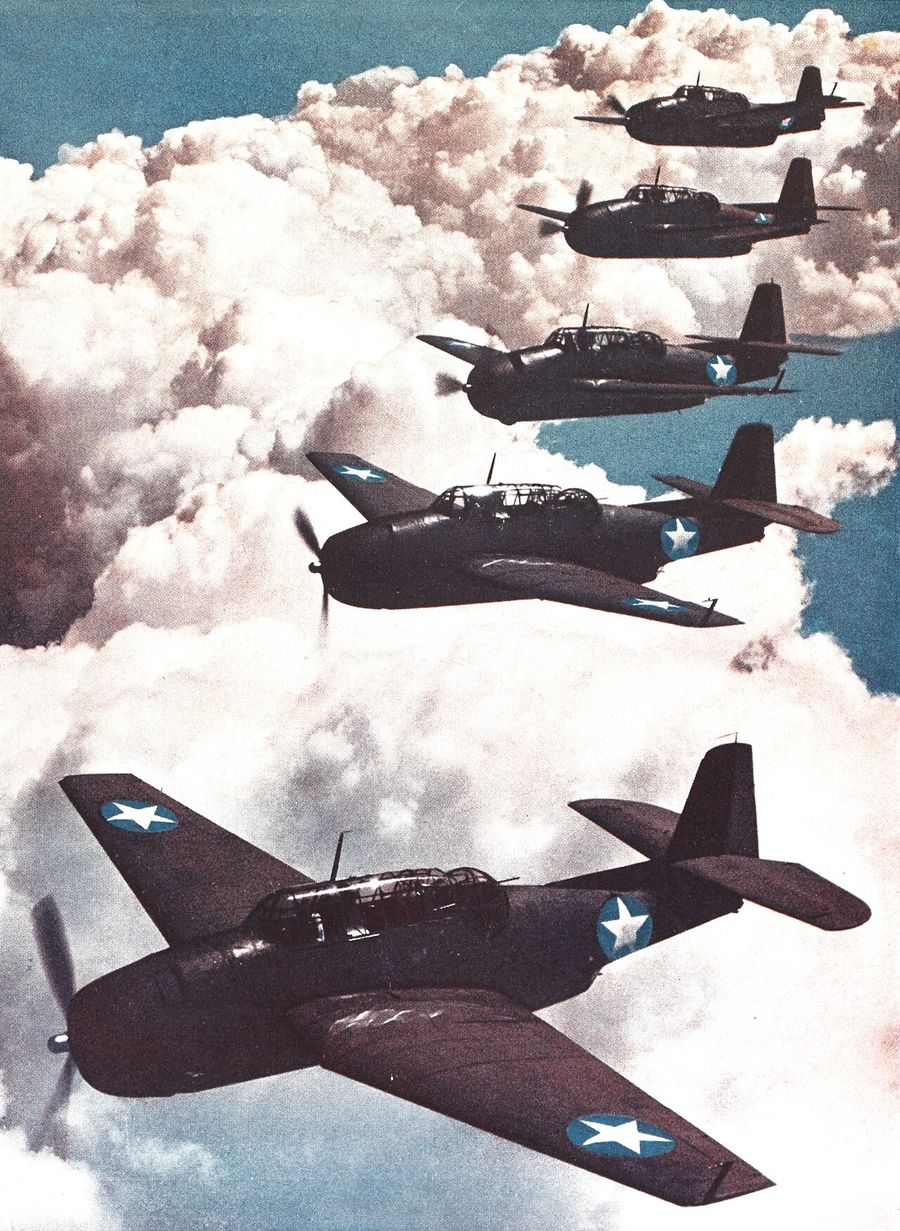 TBF Avengers in formation, the aircraft type flown on the 1945 patrol.