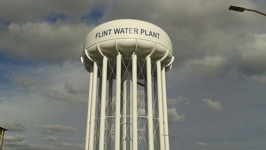 Water tower at the water treatment plant in Flint, Michigan