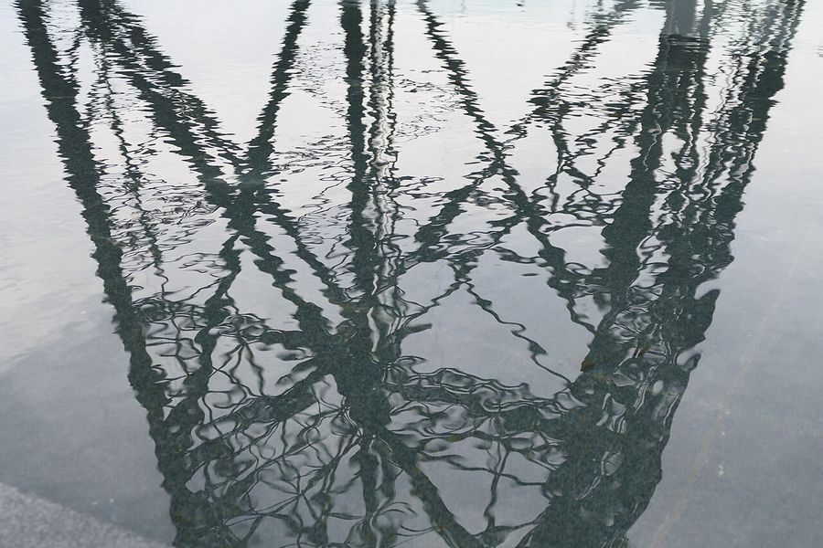 Reflections of the Gliwice Radio Tower in the water of a fountain