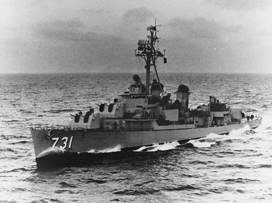 The U.S. Navy destroyer USS Maddox (DD-731) underway at sea, circa the early 1960s