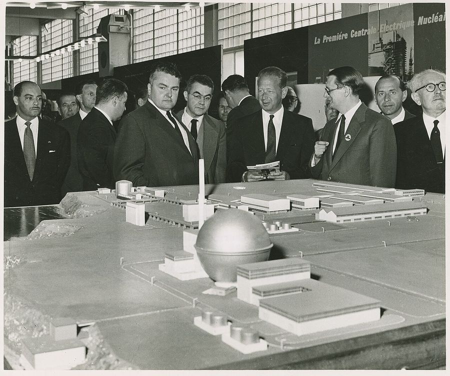 Dag Hammarskjöld, Secretary-General of the United Nations Organization, inspects a model of the Dunreay, Scotland