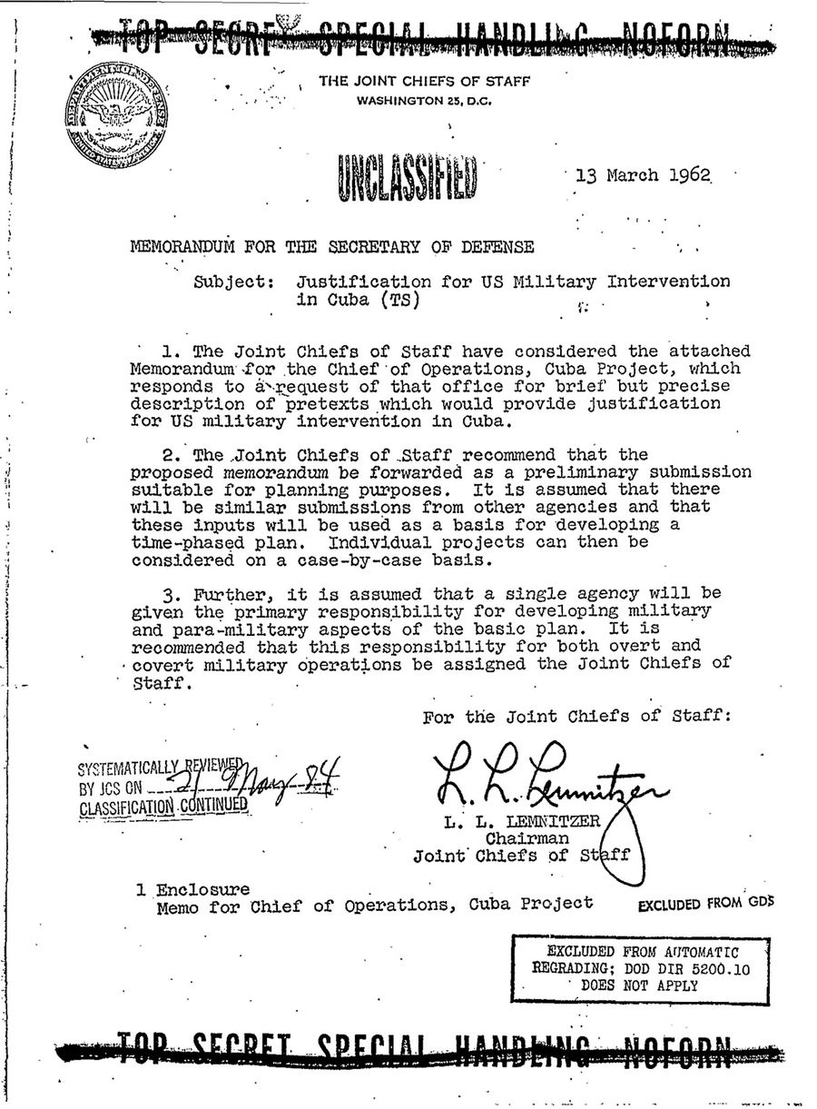 Actual photo of the Northwoods Memorandum for the U.S. Secretary of Defense (March 13, 1962) titled: "Justification for U.S. Military Intervention in Cuba (TS)"