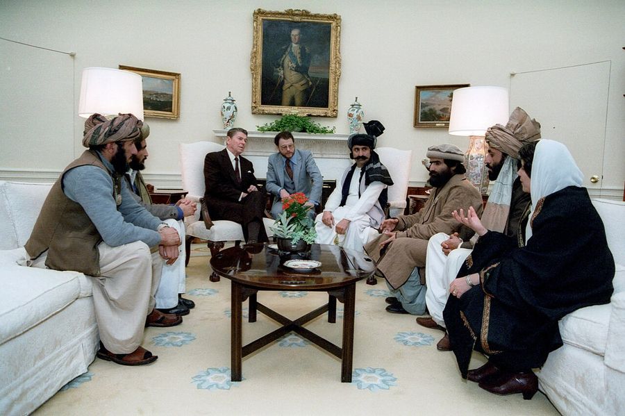 President Reagan meets Afghan mujahideen commanders at the White House.