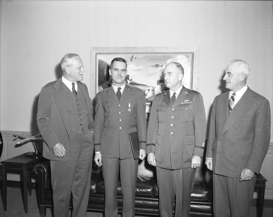 Colonel Edward Lansdale with C.I.A. Director Allen Dulles and United States Air Force Chief of Staff General Nathan F. Twining and C.I.A. Deputy Director Lieutenant General Charles P.