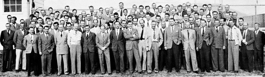 Group of 104 German rocket scientists in 1946, including Wernher von Braun [1] and Arthur Rudolph