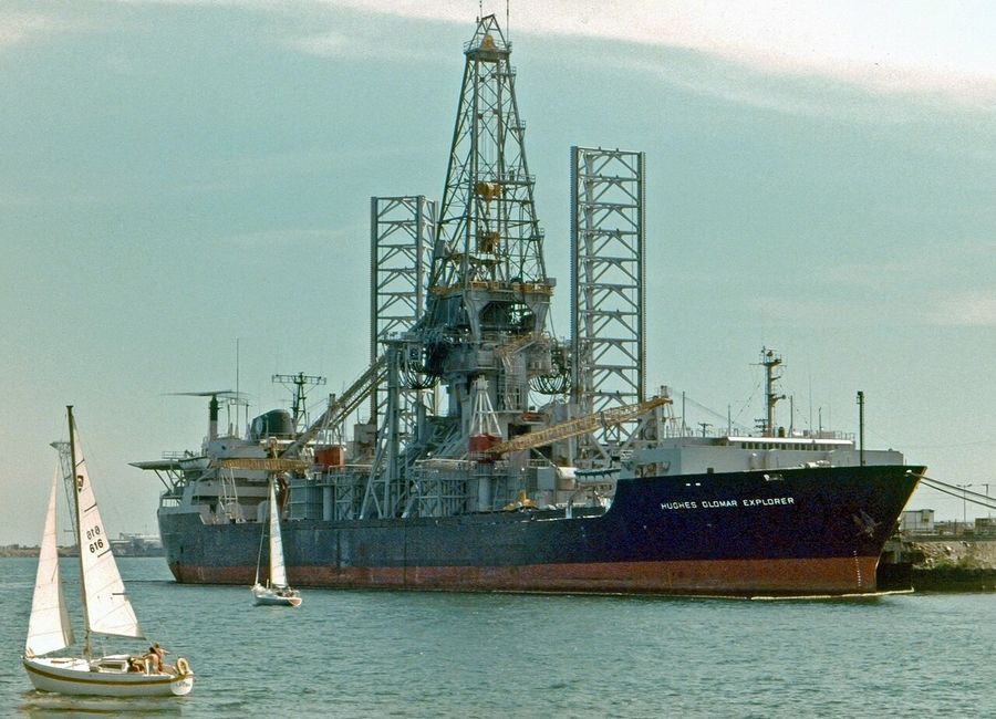 The Hughes Glomar Explorer sitting at its dock in Long Beach, California