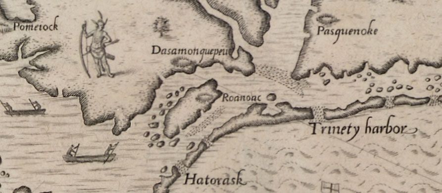 "The Carte of All the Coast of Virginia," engraving by Theodor de Bry based on John White's map of the coast of Virginia and North Carolina circa 1585-1586. de Bry's engraving was published