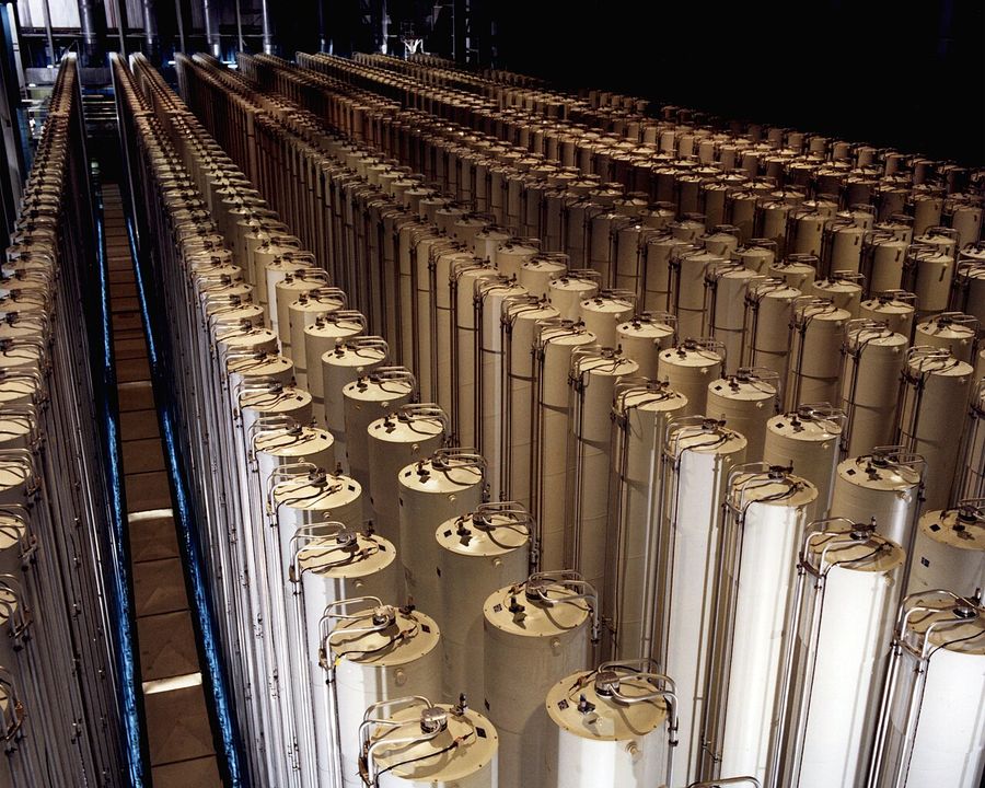 A gas centrifuge cascade of the kind the worm was written to destroy.