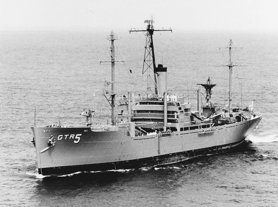 The U.S. Navy electronic reconnaissance gathering ship USS Liberty (AGTR-5) underway in Chesapeake Bay on 29 July 1967, upon her return from the Mediterranean Sea